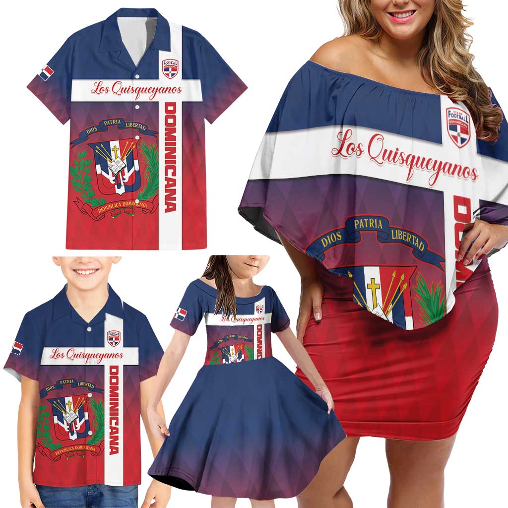 Custom Dominican Republic Football Family Matching Off Shoulder Short Dress and Hawaiian Shirt Come On Los Quisqueyanos