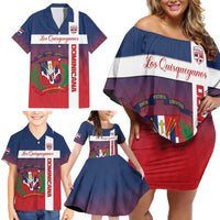 Custom Dominican Republic Football Family Matching Off Shoulder Short Dress and Hawaiian Shirt Come On Los Quisqueyanos
