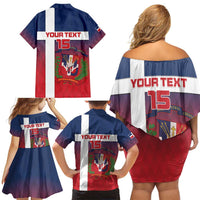 Custom Dominican Republic Football Family Matching Off Shoulder Short Dress and Hawaiian Shirt Come On Los Quisqueyanos