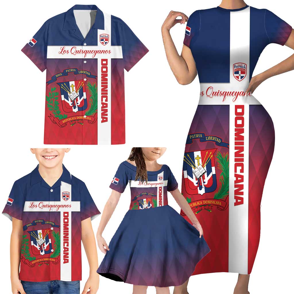 Custom Dominican Republic Football Family Matching Short Sleeve Bodycon Dress and Hawaiian Shirt Come On Los Quisqueyanos