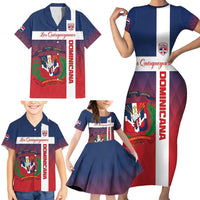 Custom Dominican Republic Football Family Matching Short Sleeve Bodycon Dress and Hawaiian Shirt Come On Los Quisqueyanos