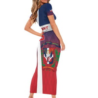 Custom Dominican Republic Football Family Matching Short Sleeve Bodycon Dress and Hawaiian Shirt Come On Los Quisqueyanos