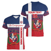 Custom Dominican Republic Football Women V-Neck T-Shirt Come On Los Quisqueyanos
