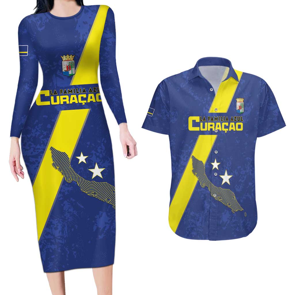 Custom Curacao Football Couples Matching Long Sleeve Bodycon Dress and Hawaiian Shirt Go La Familia Azul