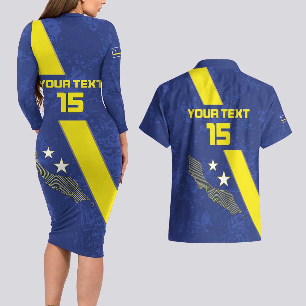Custom Curacao Football Couples Matching Long Sleeve Bodycon Dress and Hawaiian Shirt Go La Familia Azul