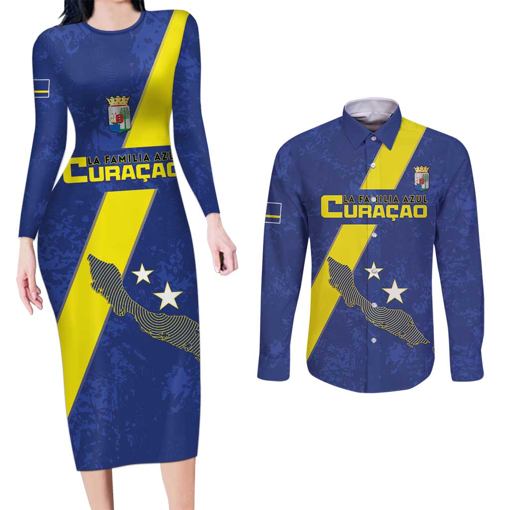 Custom Curacao Football Couples Matching Long Sleeve Bodycon Dress and Long Sleeve Button Shirt Go La Familia Azul