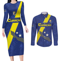 Custom Curacao Football Couples Matching Long Sleeve Bodycon Dress and Long Sleeve Button Shirt Go La Familia Azul