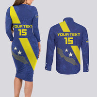 Custom Curacao Football Couples Matching Long Sleeve Bodycon Dress and Long Sleeve Button Shirt Go La Familia Azul