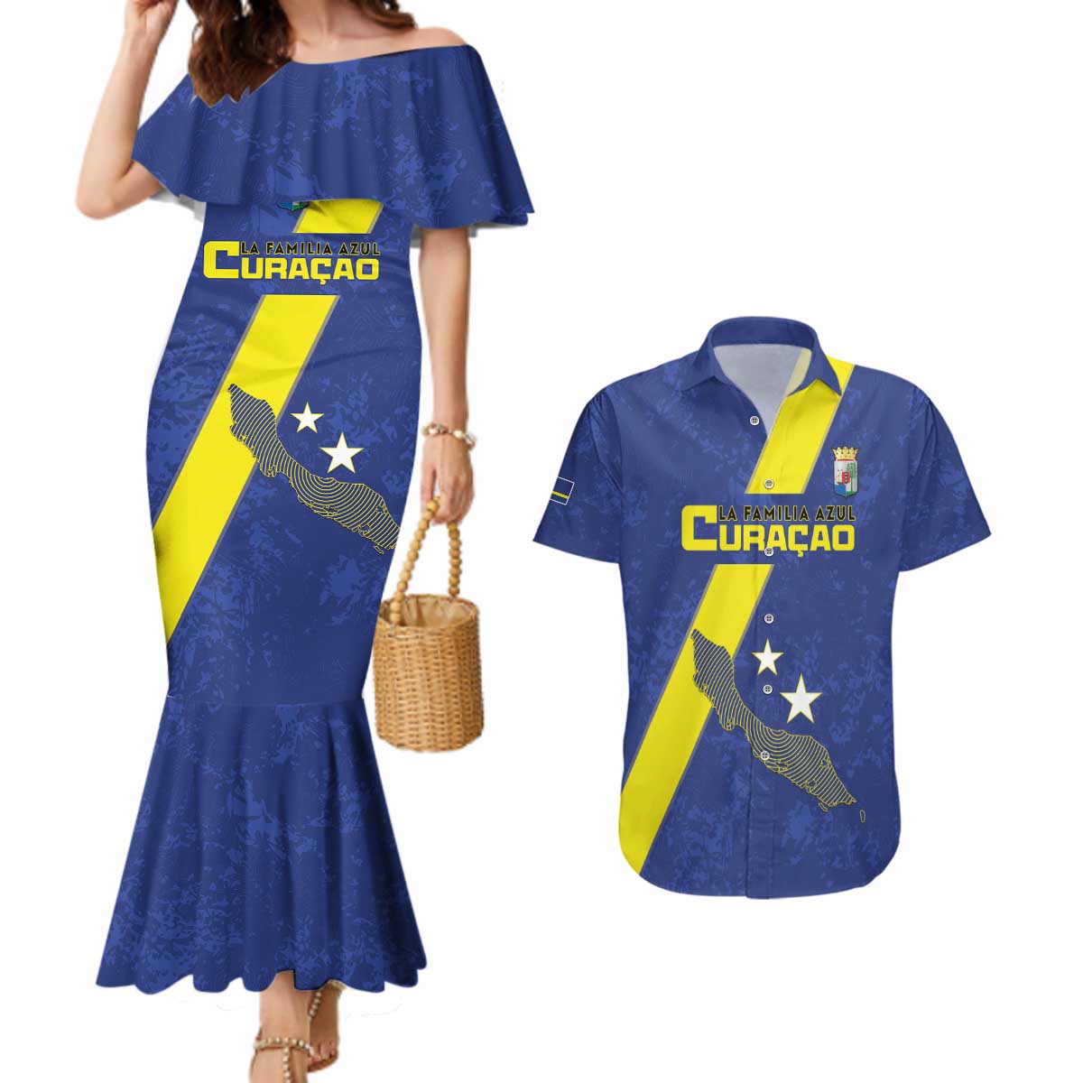 Custom Curacao Football Couples Matching Mermaid Dress and Hawaiian Shirt Go La Familia Azul