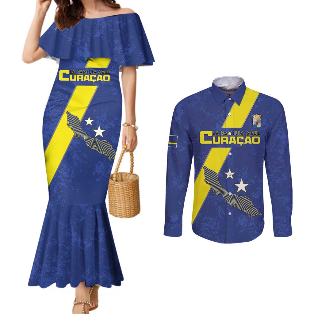 Custom Curacao Football Couples Matching Mermaid Dress and Long Sleeve Button Shirt Go La Familia Azul