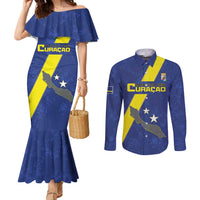 Custom Curacao Football Couples Matching Mermaid Dress and Long Sleeve Button Shirt Go La Familia Azul