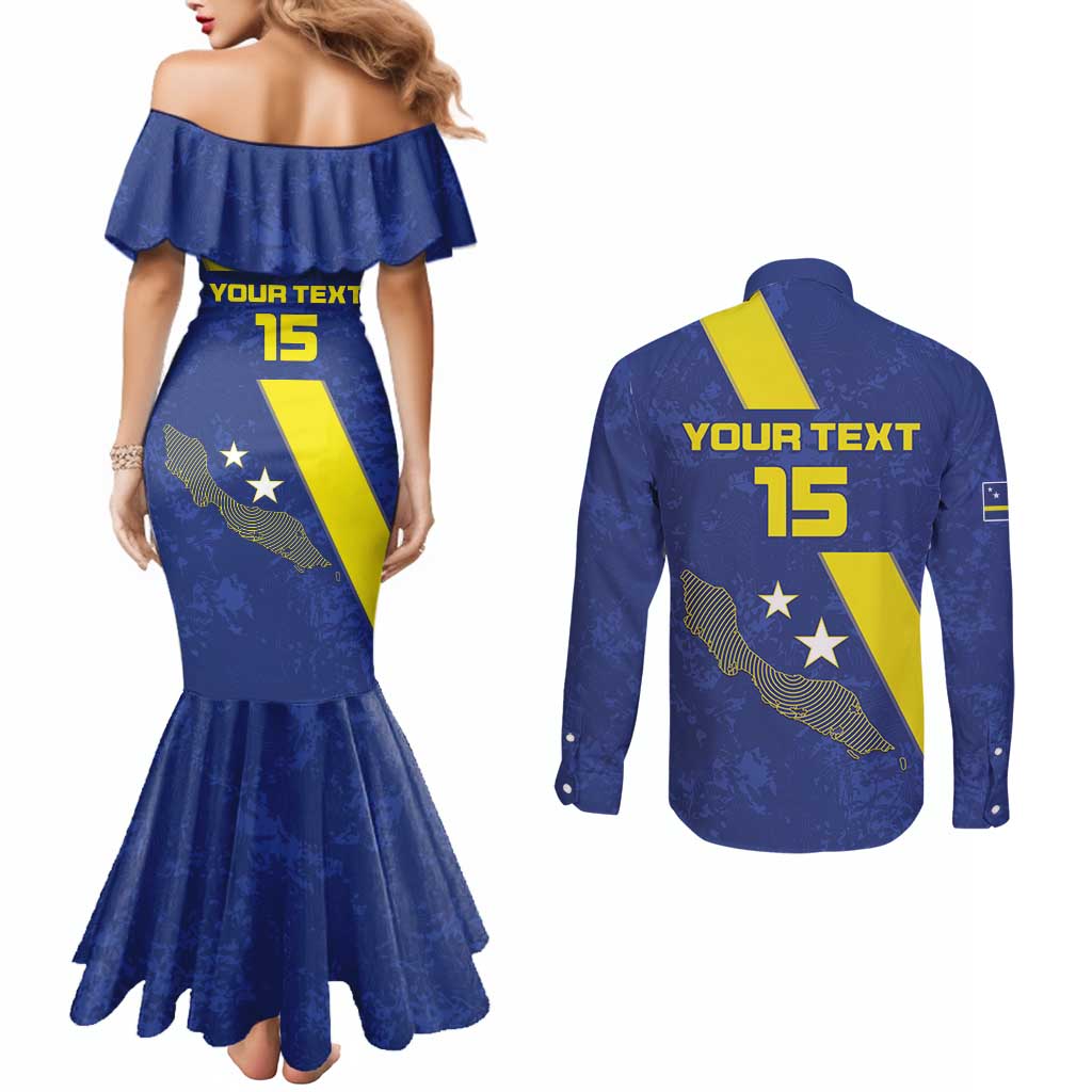 Custom Curacao Football Couples Matching Mermaid Dress and Long Sleeve Button Shirt Go La Familia Azul