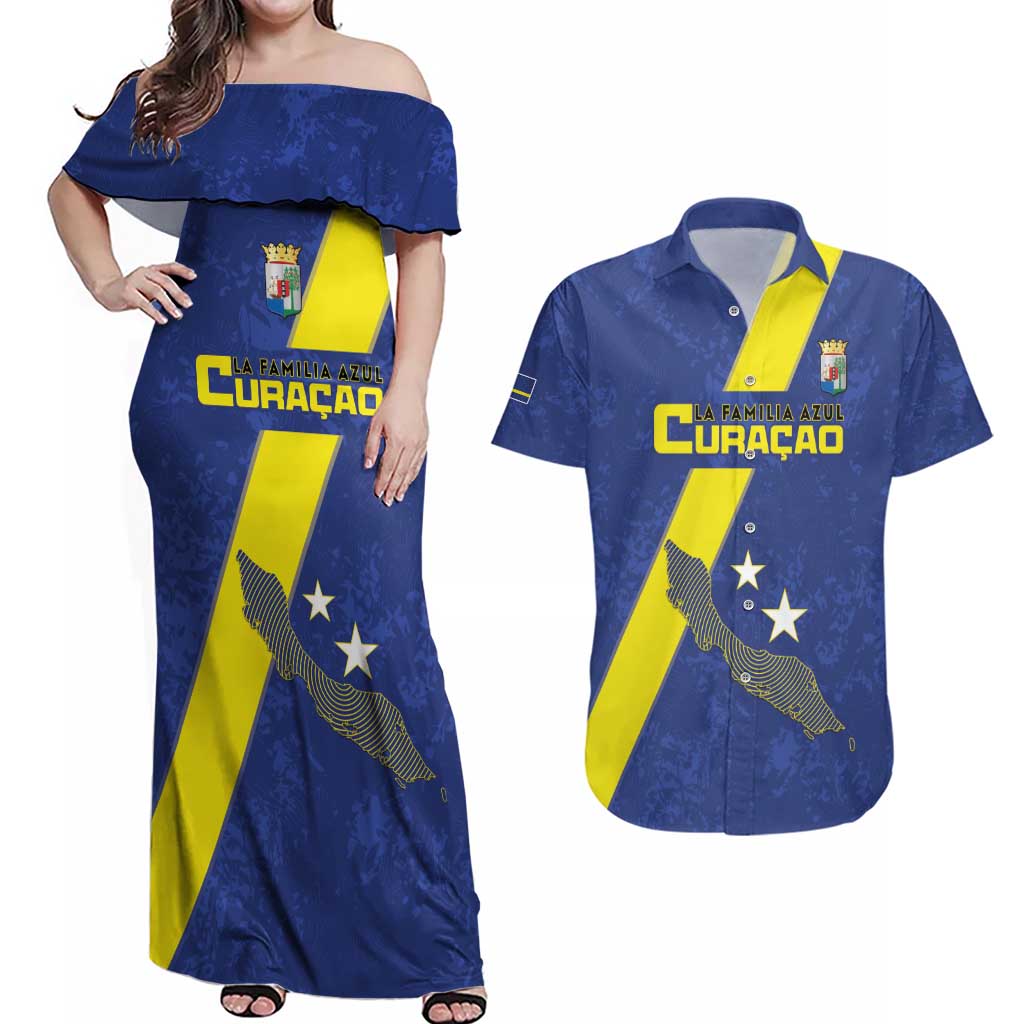 Custom Curacao Football Couples Matching Off Shoulder Maxi Dress and Hawaiian Shirt Go La Familia Azul