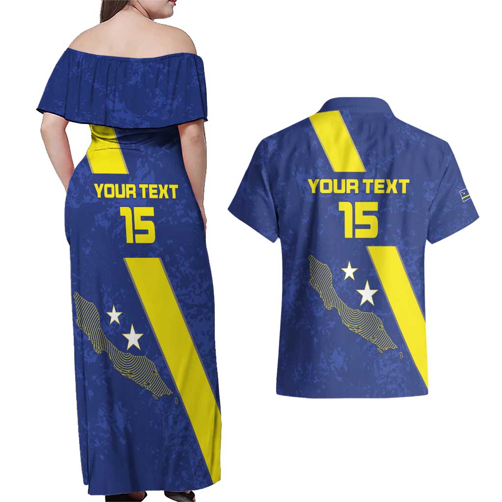 Custom Curacao Football Couples Matching Off Shoulder Maxi Dress and Hawaiian Shirt Go La Familia Azul