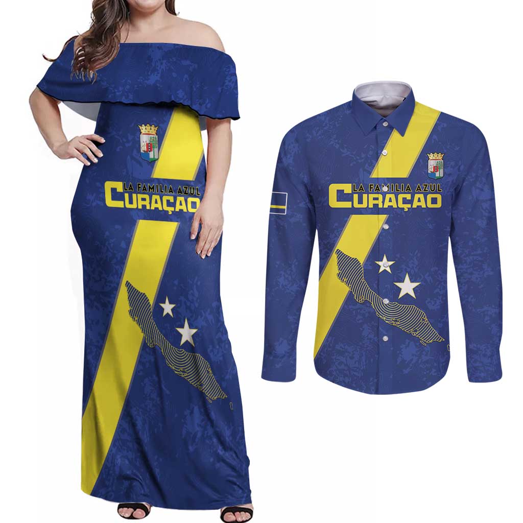 Custom Curacao Football Couples Matching Off Shoulder Maxi Dress and Long Sleeve Button Shirt Go La Familia Azul