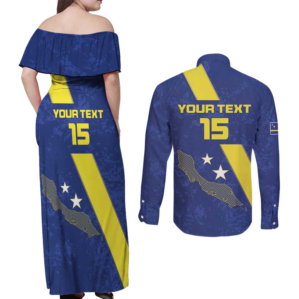 Custom Curacao Football Couples Matching Off Shoulder Maxi Dress and Long Sleeve Button Shirt Go La Familia Azul
