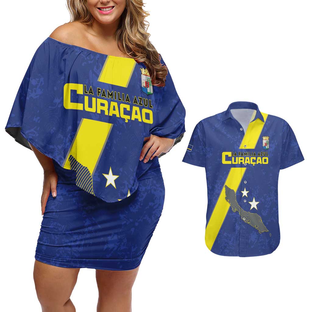 Custom Curacao Football Couples Matching Off Shoulder Short Dress and Hawaiian Shirt Go La Familia Azul