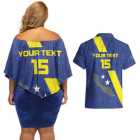 Custom Curacao Football Couples Matching Off Shoulder Short Dress and Hawaiian Shirt Go La Familia Azul