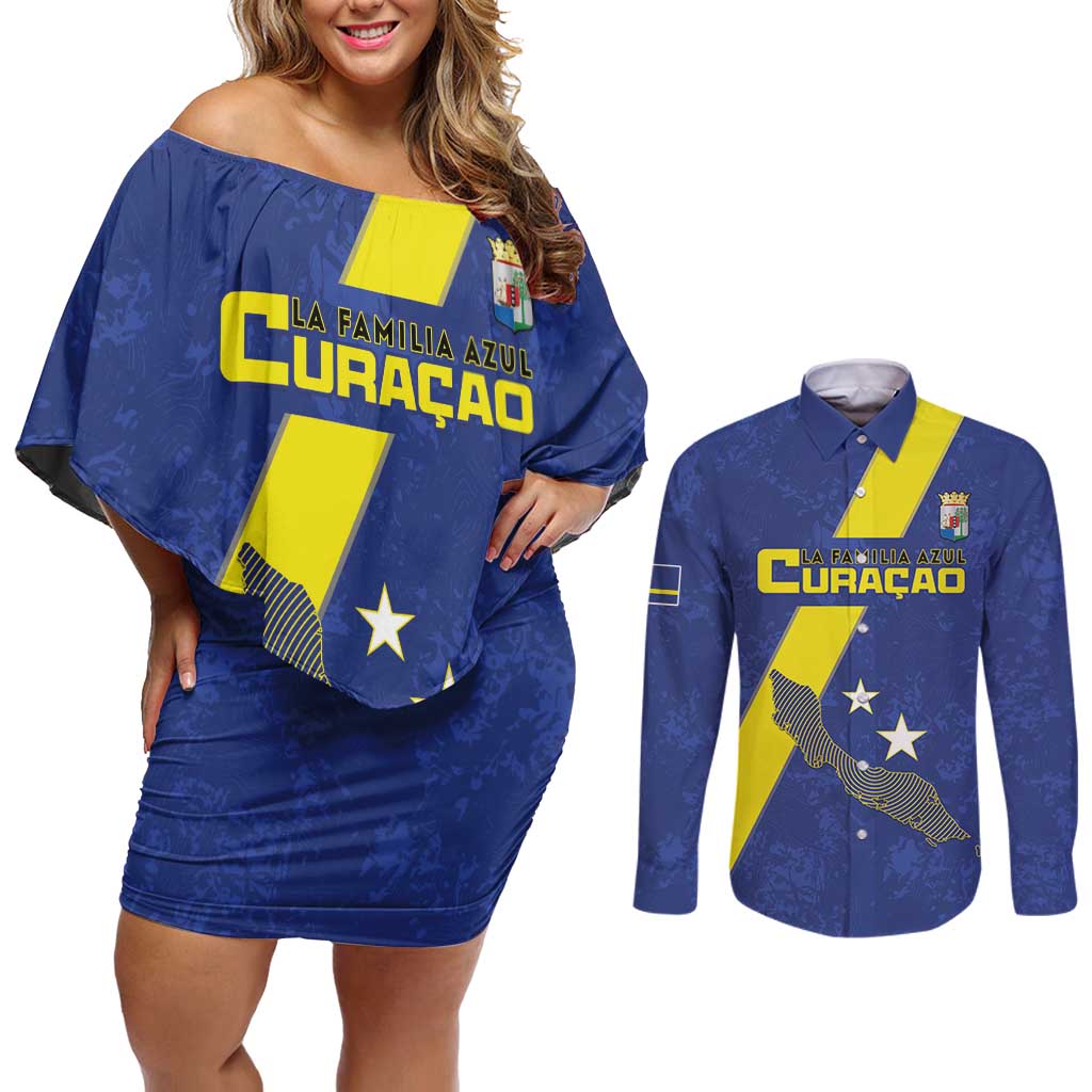 Custom Curacao Football Couples Matching Off Shoulder Short Dress and Long Sleeve Button Shirt Go La Familia Azul