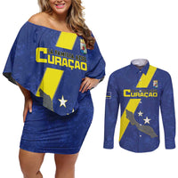 Custom Curacao Football Couples Matching Off Shoulder Short Dress and Long Sleeve Button Shirt Go La Familia Azul