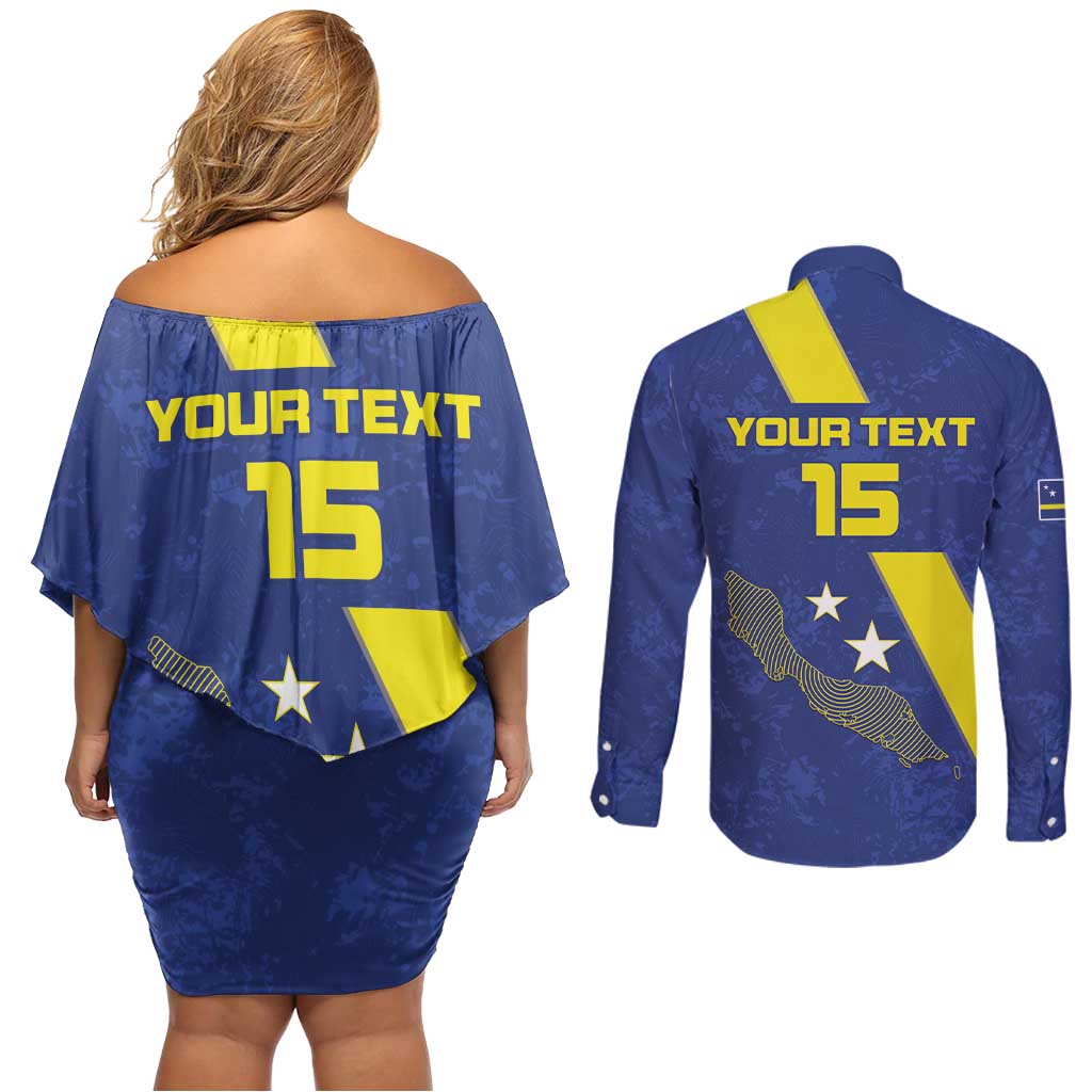 Custom Curacao Football Couples Matching Off Shoulder Short Dress and Long Sleeve Button Shirt Go La Familia Azul