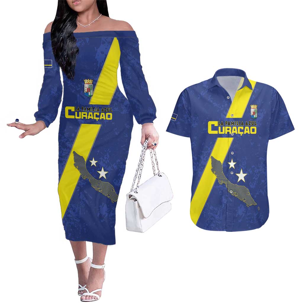Custom Curacao Football Couples Matching Off The Shoulder Long Sleeve Dress and Hawaiian Shirt Go La Familia Azul