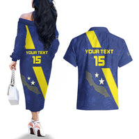 Custom Curacao Football Couples Matching Off The Shoulder Long Sleeve Dress and Hawaiian Shirt Go La Familia Azul