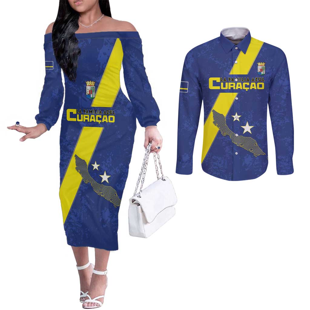 Custom Curacao Football Couples Matching Off The Shoulder Long Sleeve Dress and Long Sleeve Button Shirt Go La Familia Azul