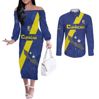 Custom Curacao Football Couples Matching Off The Shoulder Long Sleeve Dress and Long Sleeve Button Shirt Go La Familia Azul