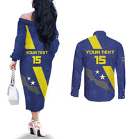 Custom Curacao Football Couples Matching Off The Shoulder Long Sleeve Dress and Long Sleeve Button Shirt Go La Familia Azul