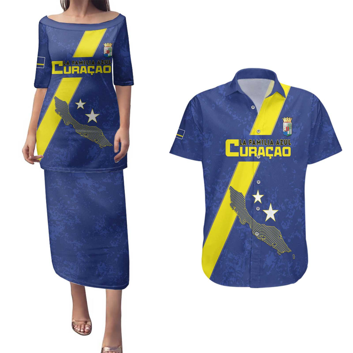 Custom Curacao Football Couples Matching Puletasi and Hawaiian Shirt Go La Familia Azul