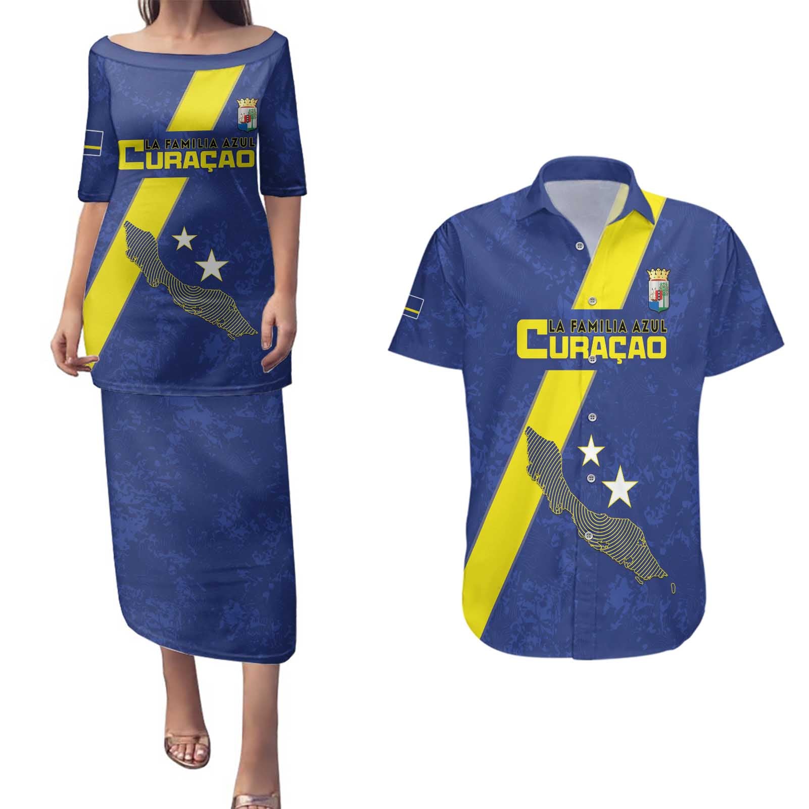 Custom Curacao Football Couples Matching Puletasi and Hawaiian Shirt Go La Familia Azul