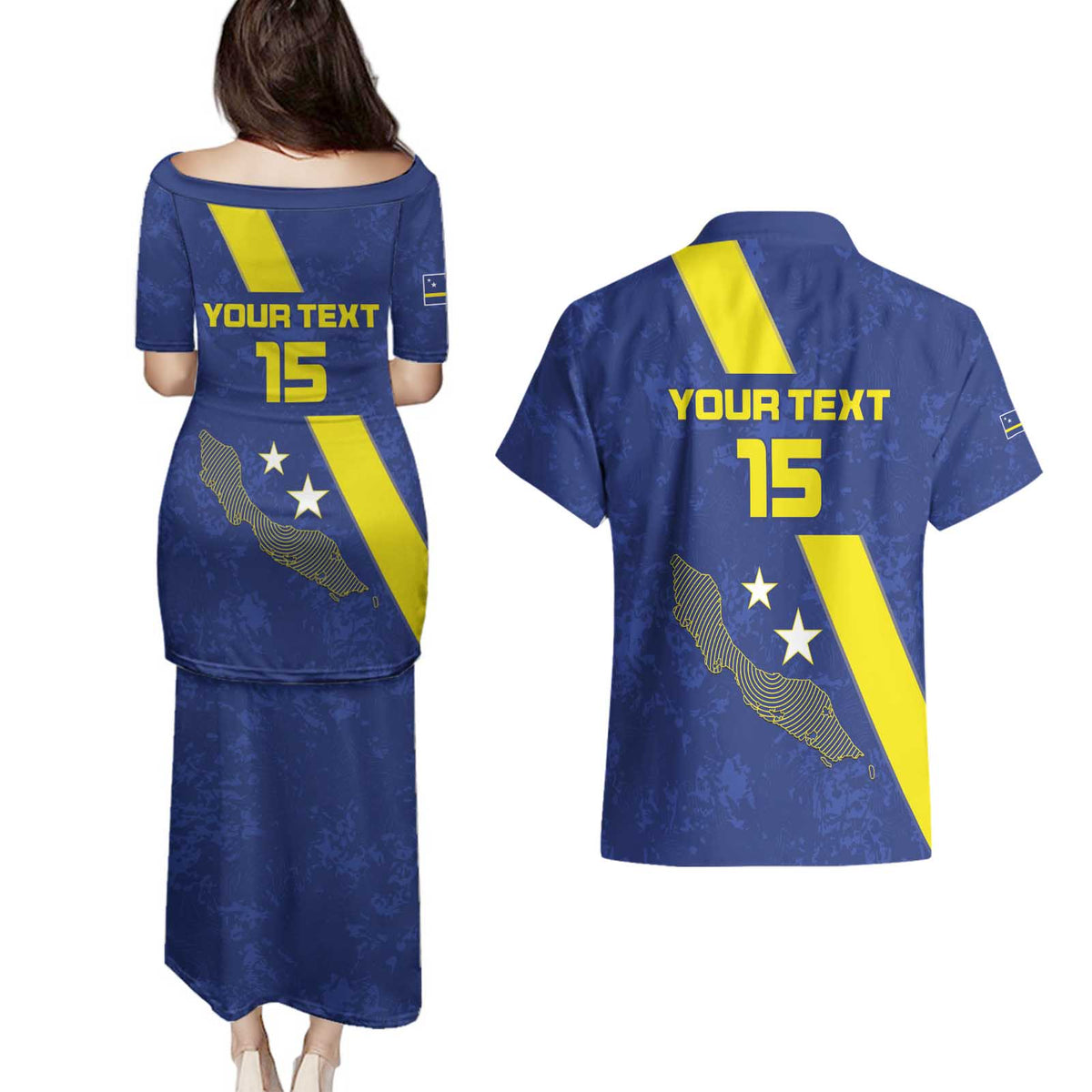 Custom Curacao Football Couples Matching Puletasi and Hawaiian Shirt Go La Familia Azul