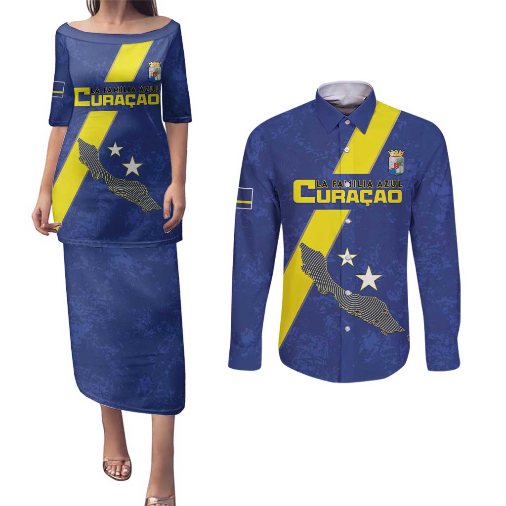 Custom Curacao Football Couples Matching Puletasi and Long Sleeve Button Shirt Go La Familia Azul