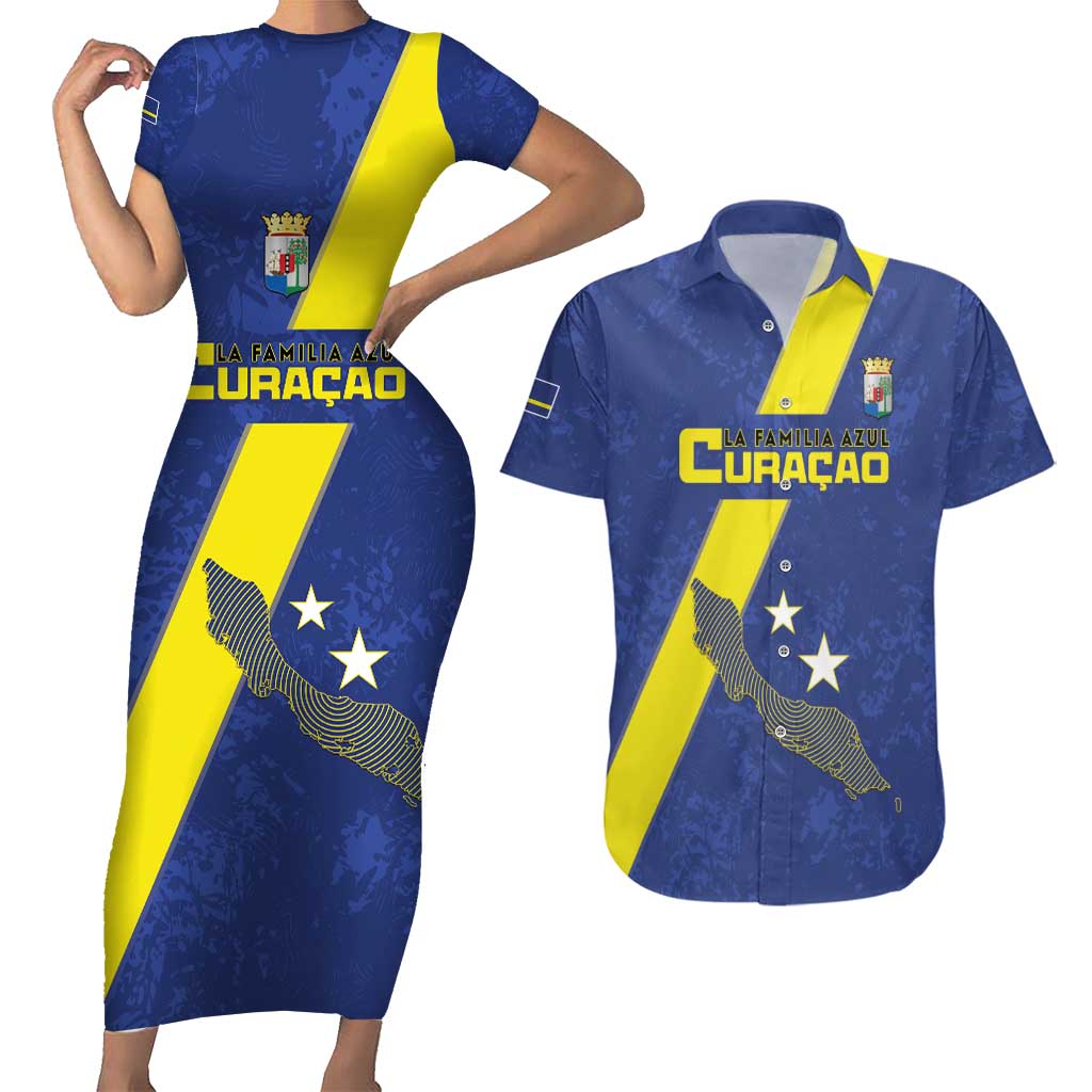 Custom Curacao Football Couples Matching Short Sleeve Bodycon Dress and Hawaiian Shirt Go La Familia Azul