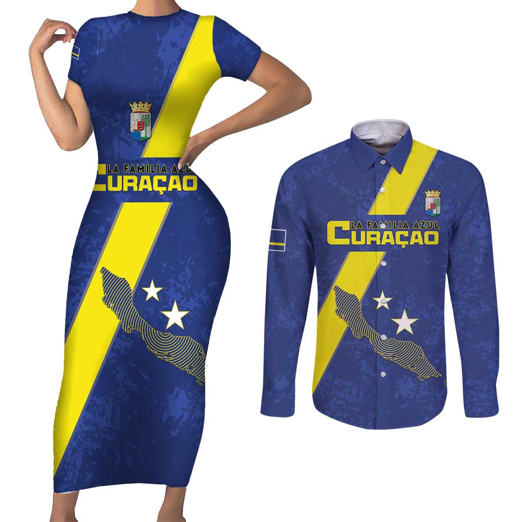 Custom Curacao Football Couples Matching Short Sleeve Bodycon Dress and Long Sleeve Button Shirt Go La Familia Azul
