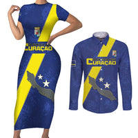 Custom Curacao Football Couples Matching Short Sleeve Bodycon Dress and Long Sleeve Button Shirt Go La Familia Azul