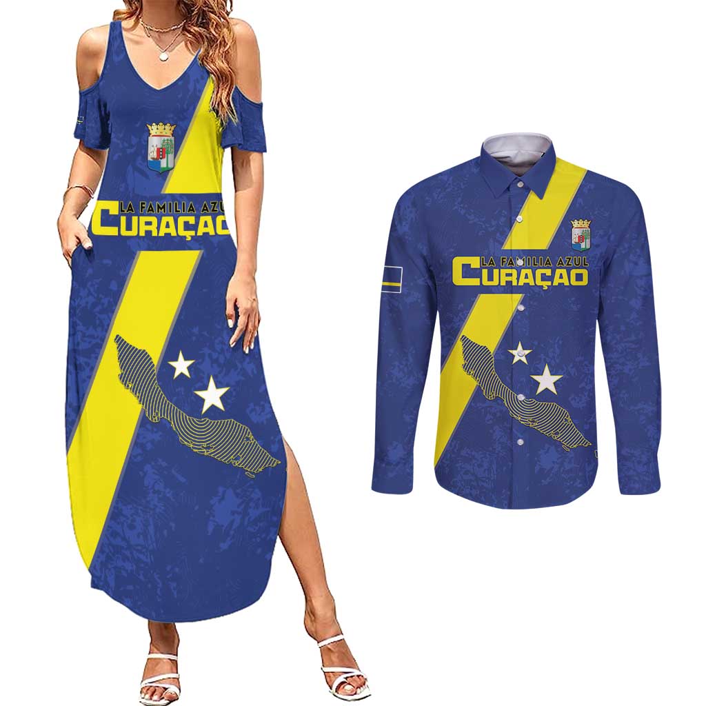 Custom Curacao Football Couples Matching Summer Maxi Dress and Long Sleeve Button Shirt Go La Familia Azul