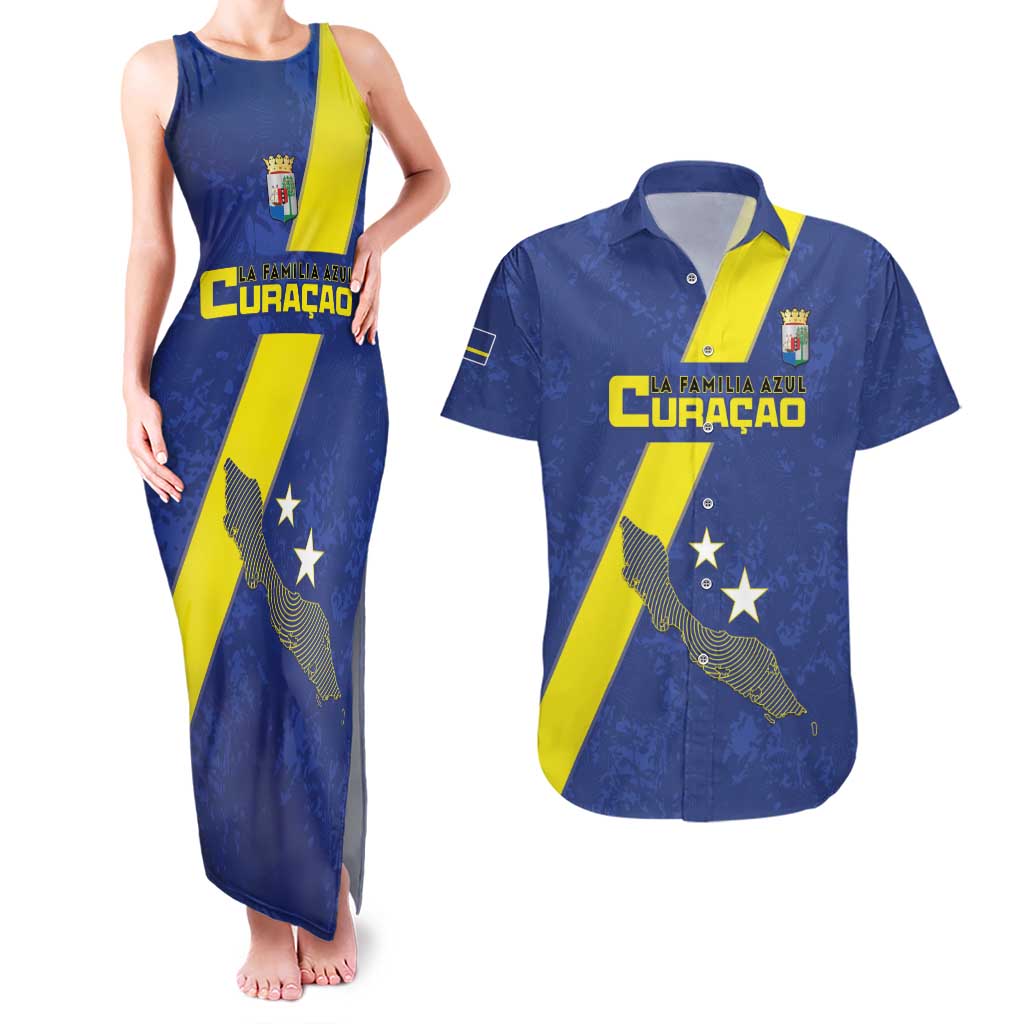 Custom Curacao Football Couples Matching Tank Maxi Dress and Hawaiian Shirt Go La Familia Azul