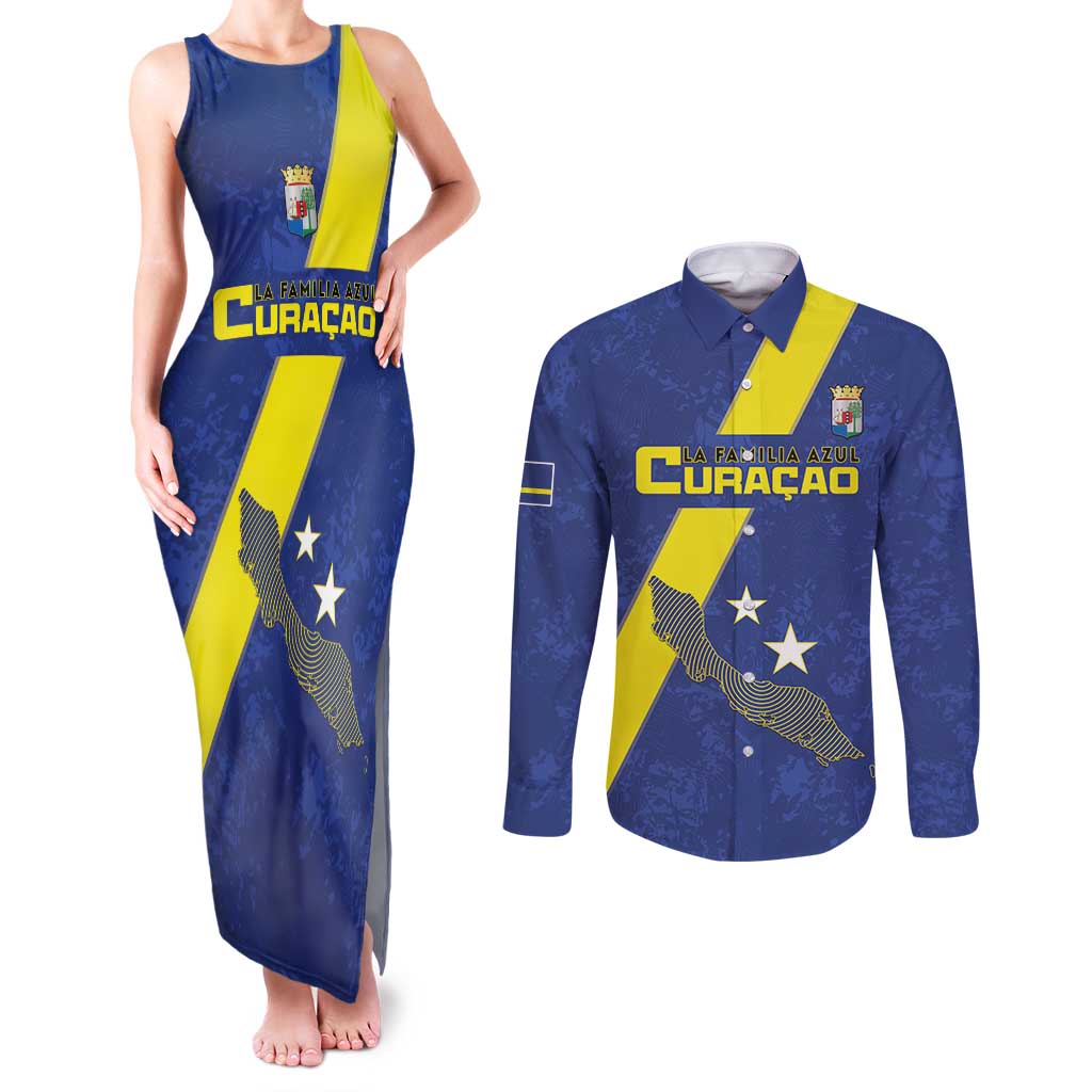 Custom Curacao Football Couples Matching Tank Maxi Dress and Long Sleeve Button Shirt Go La Familia Azul