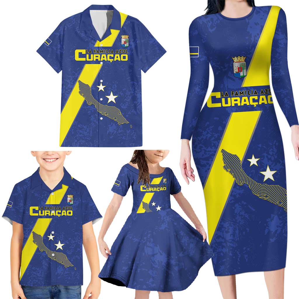 Custom Curacao Football Family Matching Long Sleeve Bodycon Dress and Hawaiian Shirt Go La Familia Azul