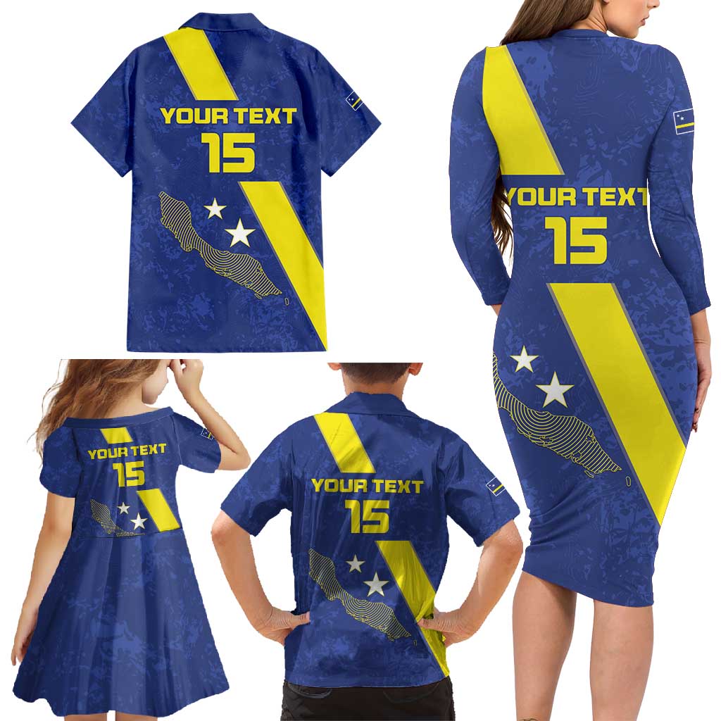Custom Curacao Football Family Matching Long Sleeve Bodycon Dress and Hawaiian Shirt Go La Familia Azul
