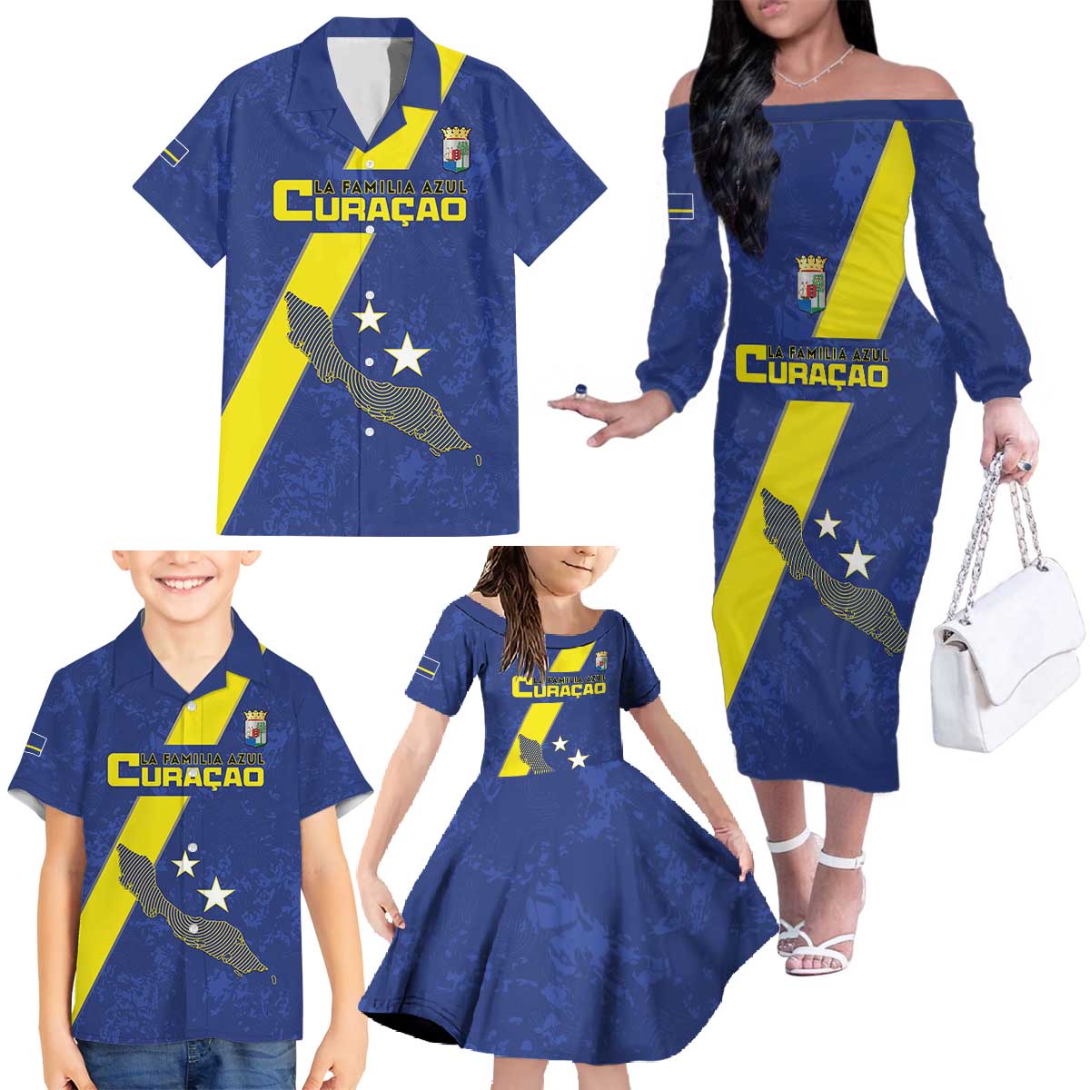 Custom Curacao Football Family Matching Off The Shoulder Long Sleeve Dress and Hawaiian Shirt Go La Familia Azul