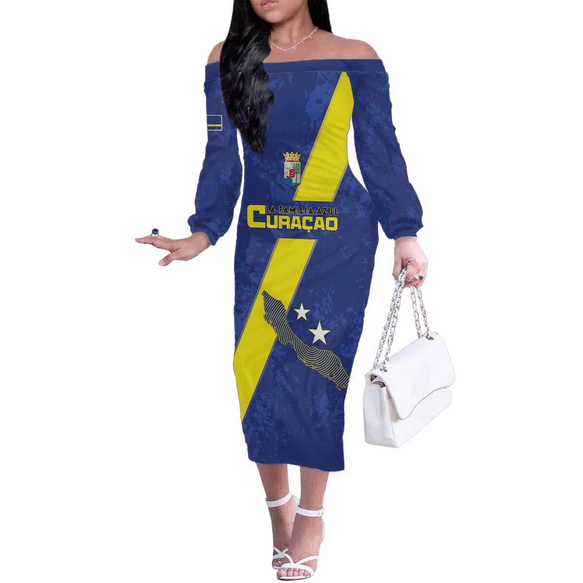 Custom Curacao Football Family Matching Off The Shoulder Long Sleeve Dress and Hawaiian Shirt Go La Familia Azul