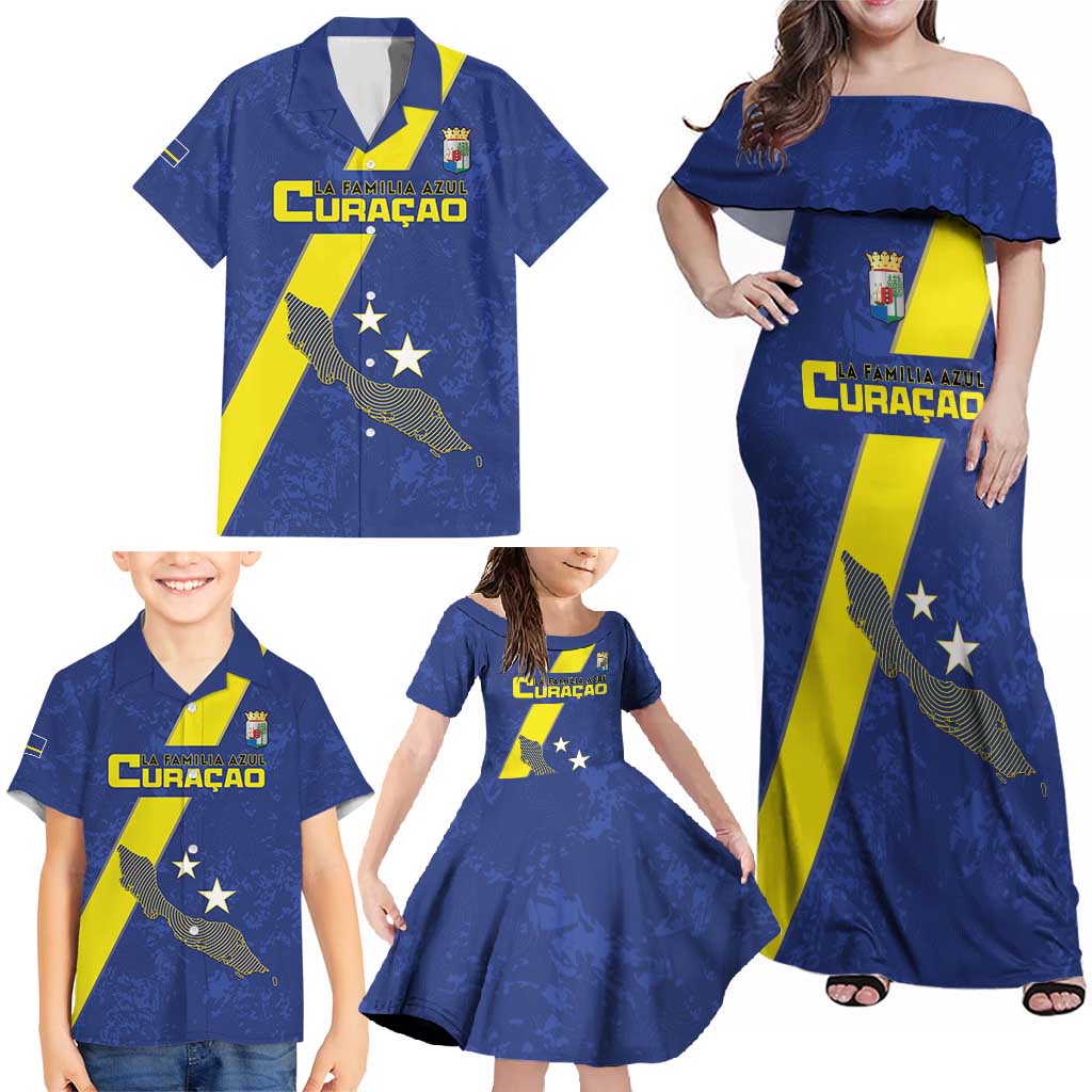 Custom Curacao Football Family Matching Off Shoulder Maxi Dress and Hawaiian Shirt Go La Familia Azul