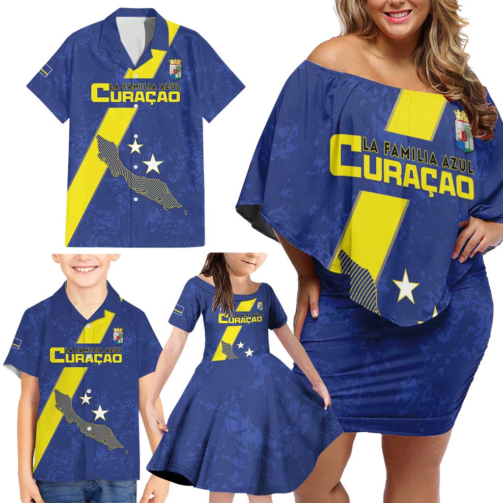 Custom Curacao Football Family Matching Off Shoulder Short Dress and Hawaiian Shirt Go La Familia Azul