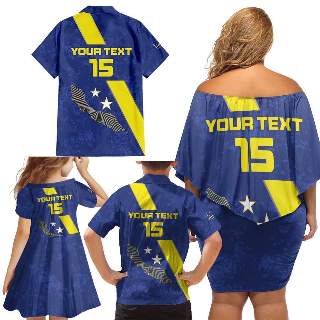 Custom Curacao Football Family Matching Off Shoulder Short Dress and Hawaiian Shirt Go La Familia Azul