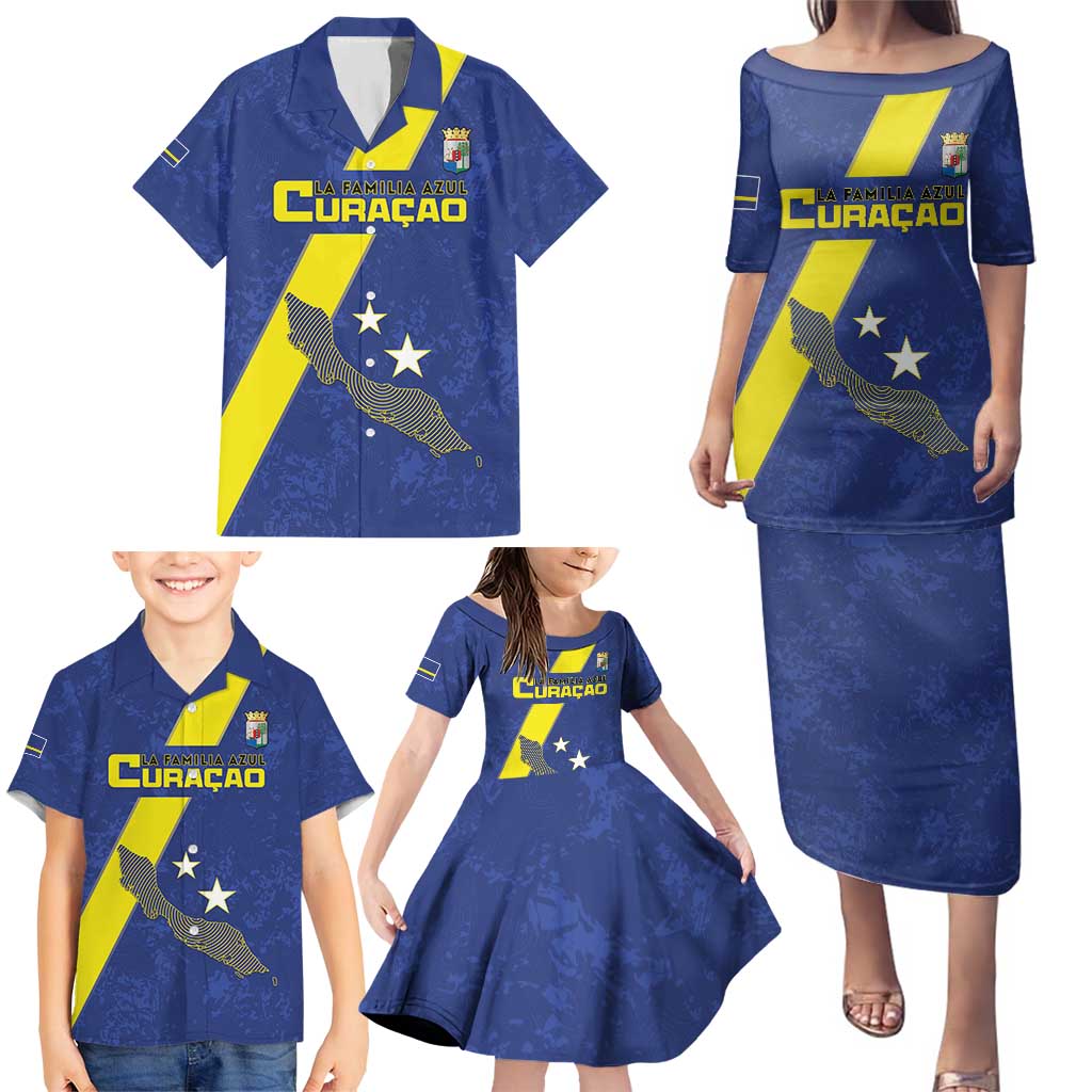 Custom Curacao Football Family Matching Puletasi and Hawaiian Shirt Go La Familia Azul