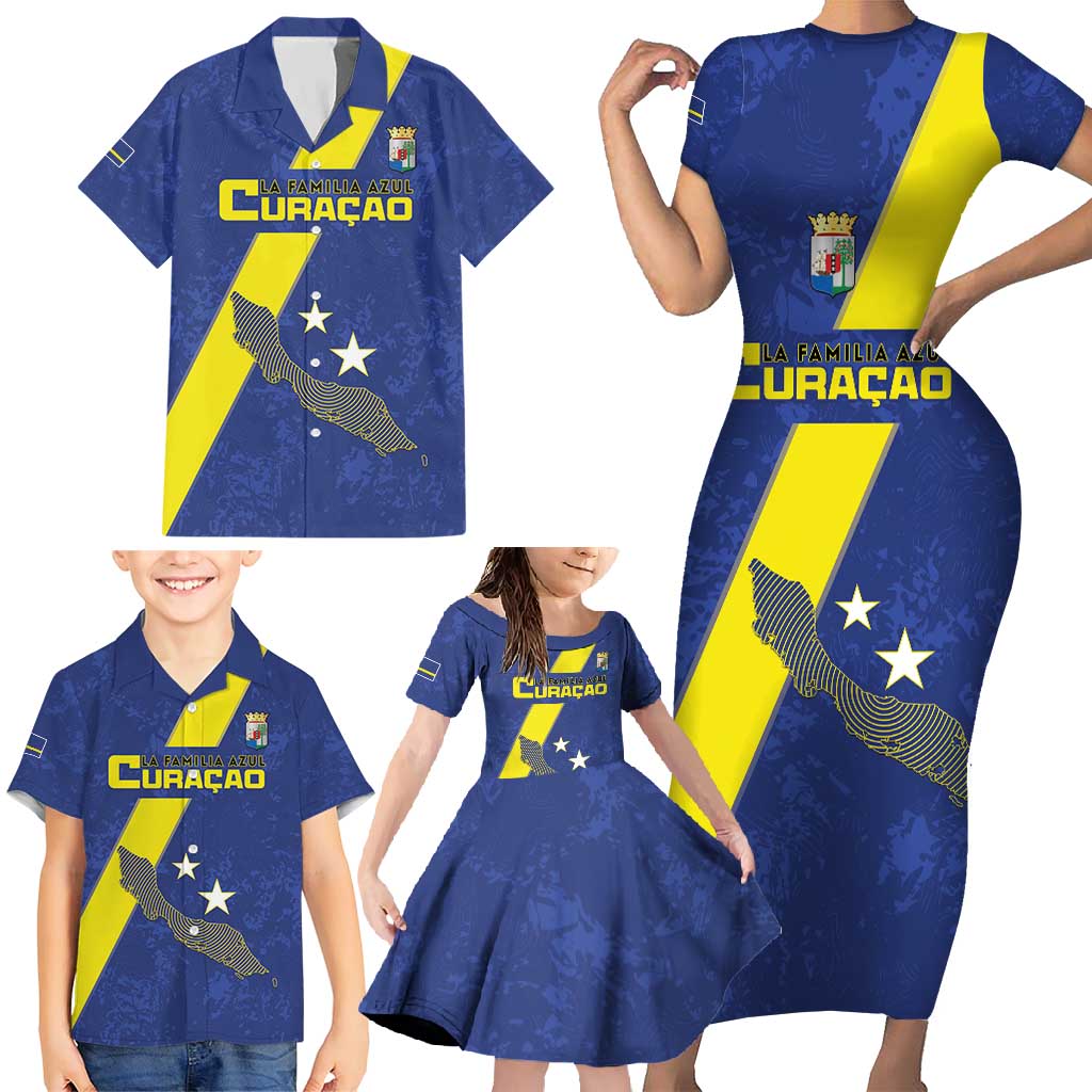 Custom Curacao Football Family Matching Short Sleeve Bodycon Dress and Hawaiian Shirt Go La Familia Azul