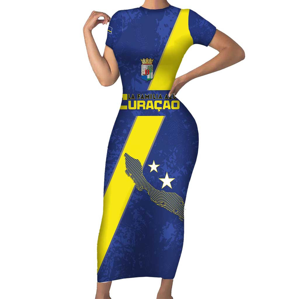 Custom Curacao Football Family Matching Short Sleeve Bodycon Dress and Hawaiian Shirt Go La Familia Azul